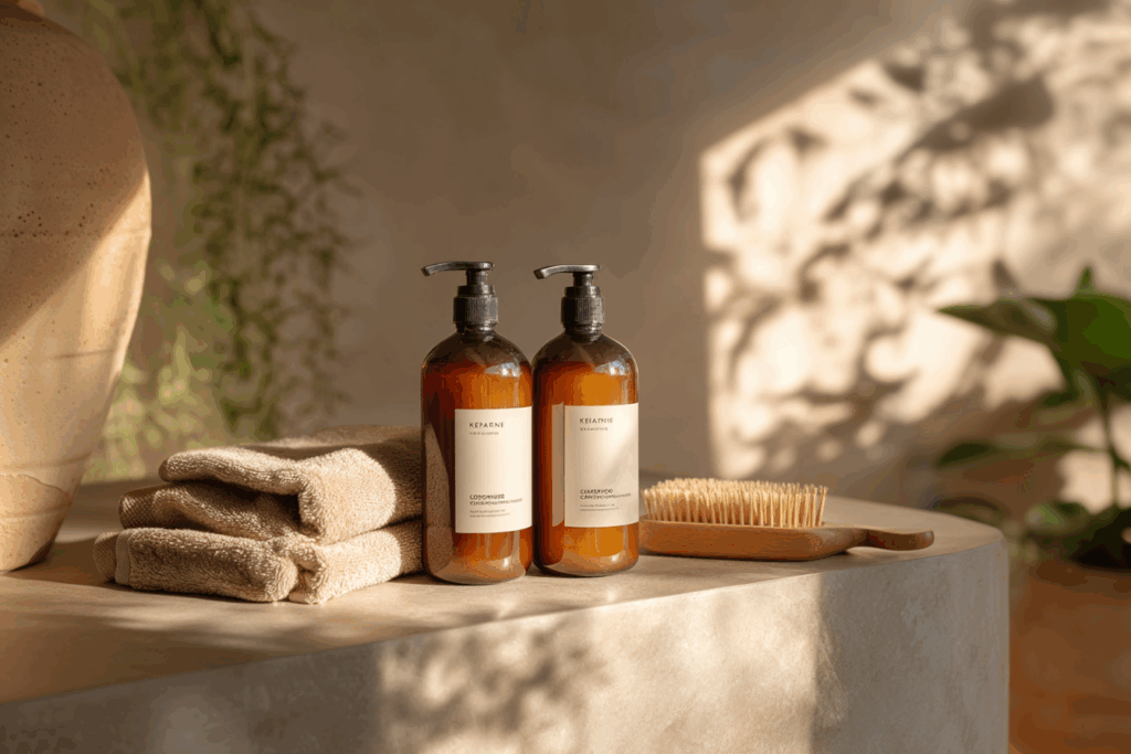 Keratin-safe shampoo and conditioner on a salon shelf with towel and comb, styled with soft lighting