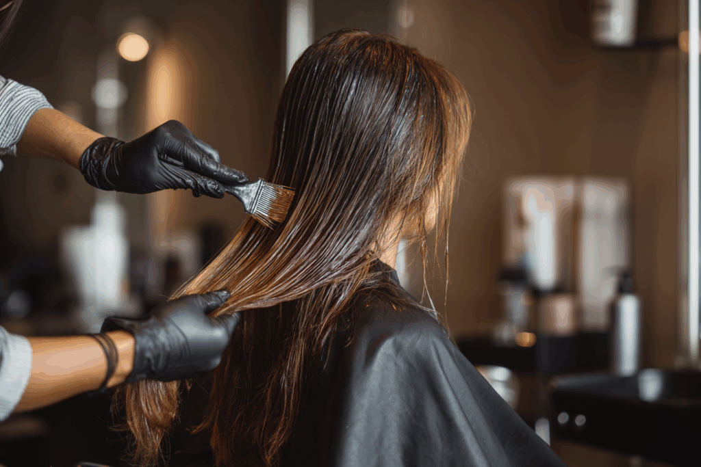 Hairdresser applying keratin product to a woman’s damp hair in a modern salon using a brush and gloves