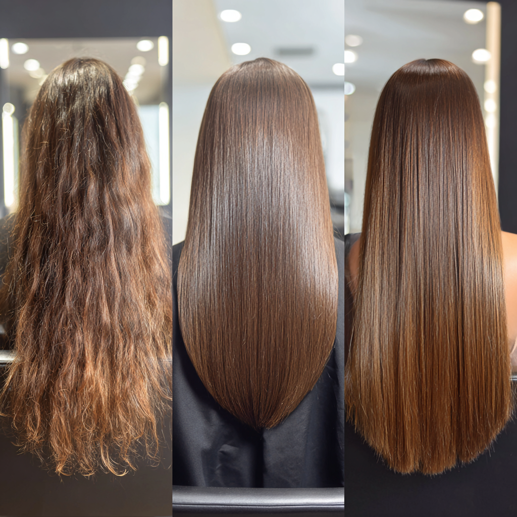 Split image comparing keratin, Brazilian blowout, and hair botox results on different hair textures from behind