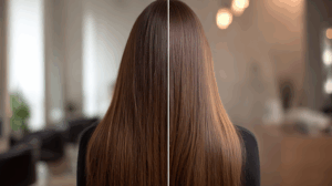 Split-screen comparison showing micro ring vs nano ring hair extensions applied on fine hair in a professional salon setting.