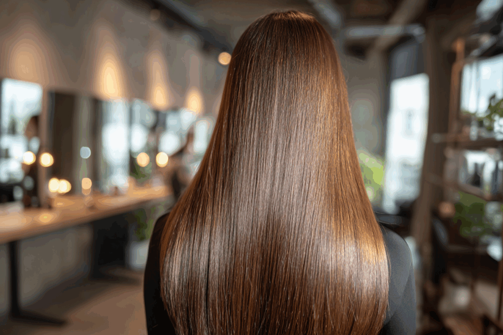 Close-up of silky, glossy hair after keratin treatment with soft shine and smooth texture in a salon setting