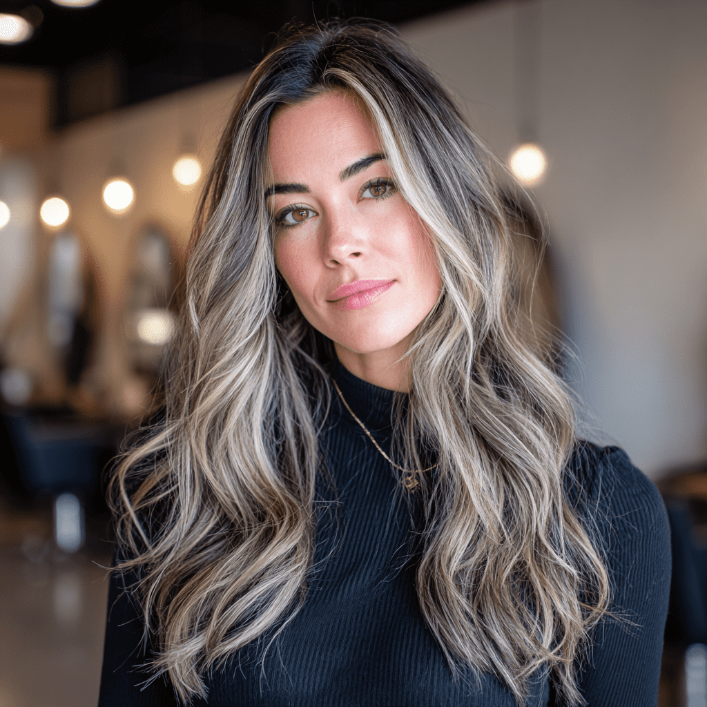 woman with half head of light ash blonde balayage