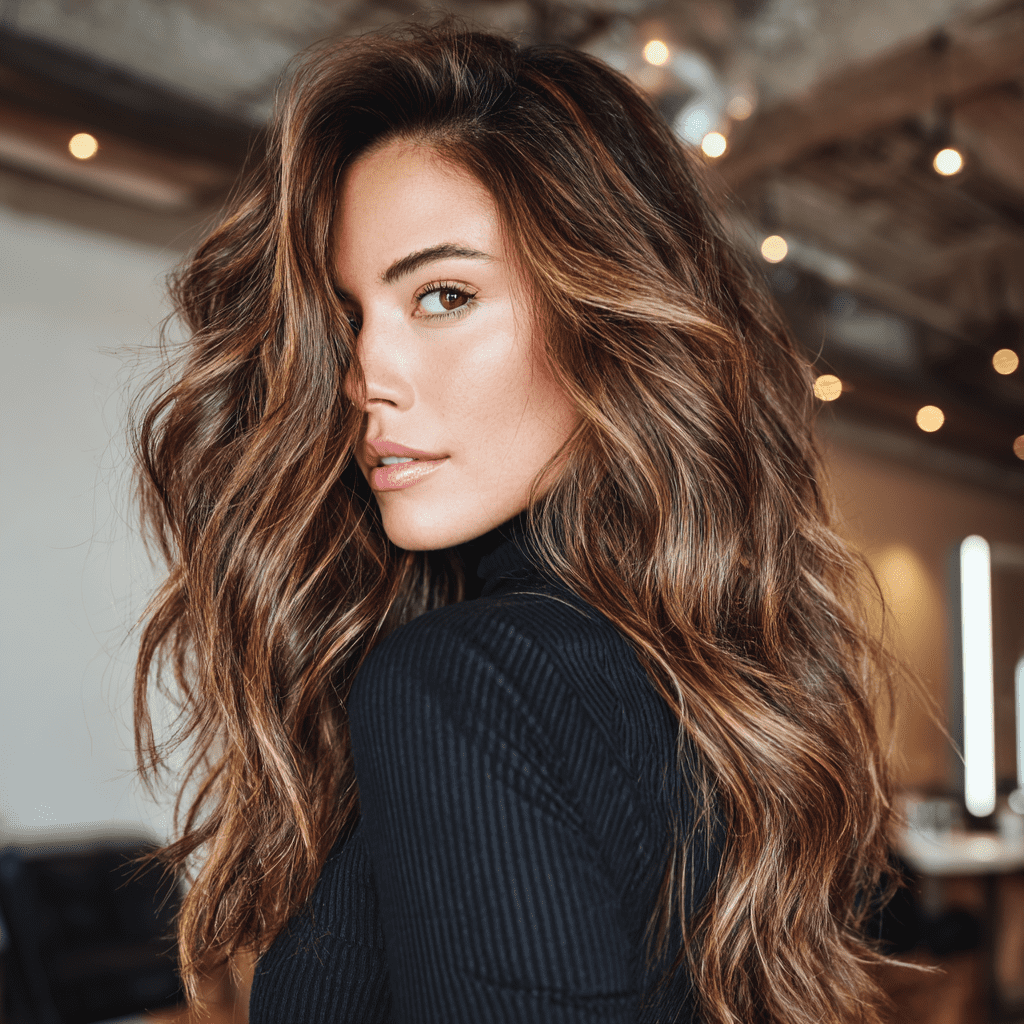 woman with rich caramel honey and chestnut balayage