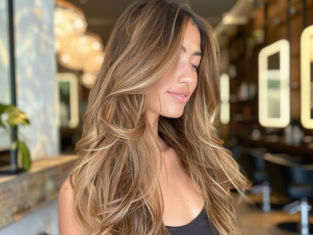 Full placement balayage with honey and caramel tones creating natural-looking dimension.