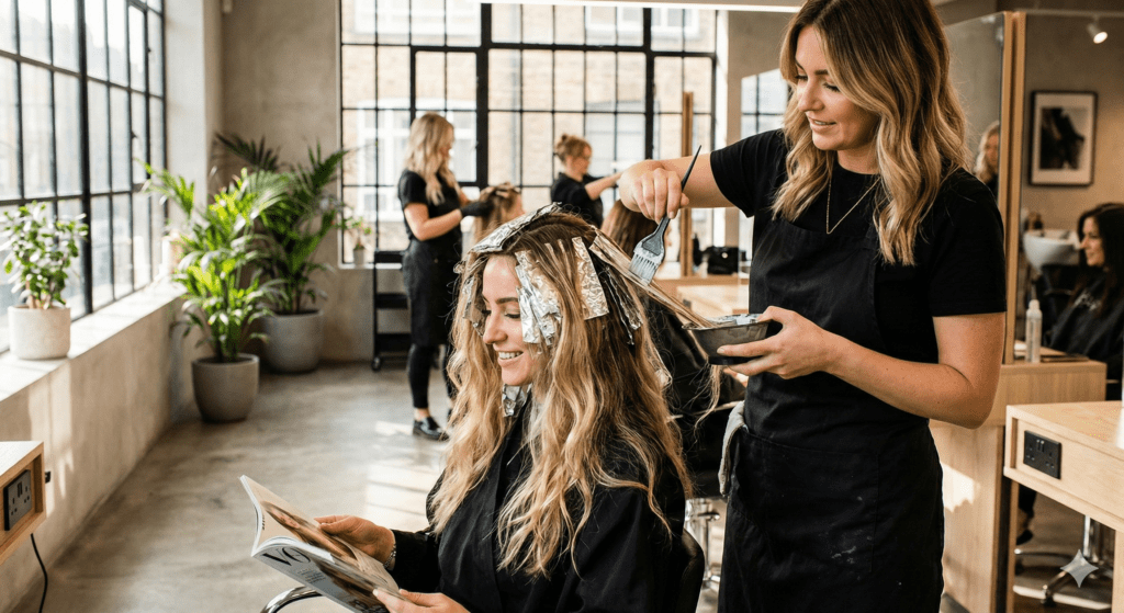 Balayage hair colour service using Olaplex protection for healthy lightened hair