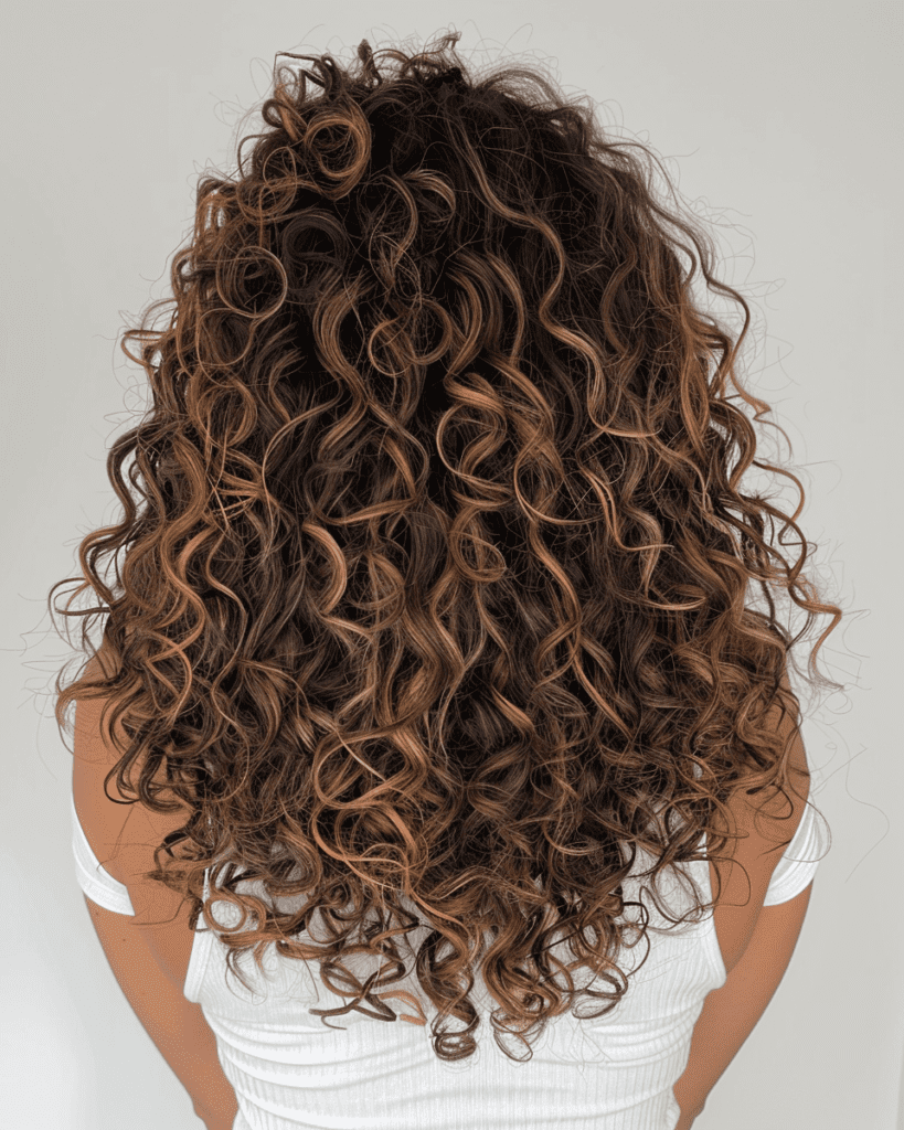 Curly hair with subtle balayage placement that enhances curl definition and dimension.