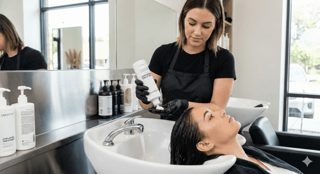 Professional chelating hair treatment removing mineral and product build-up in salon