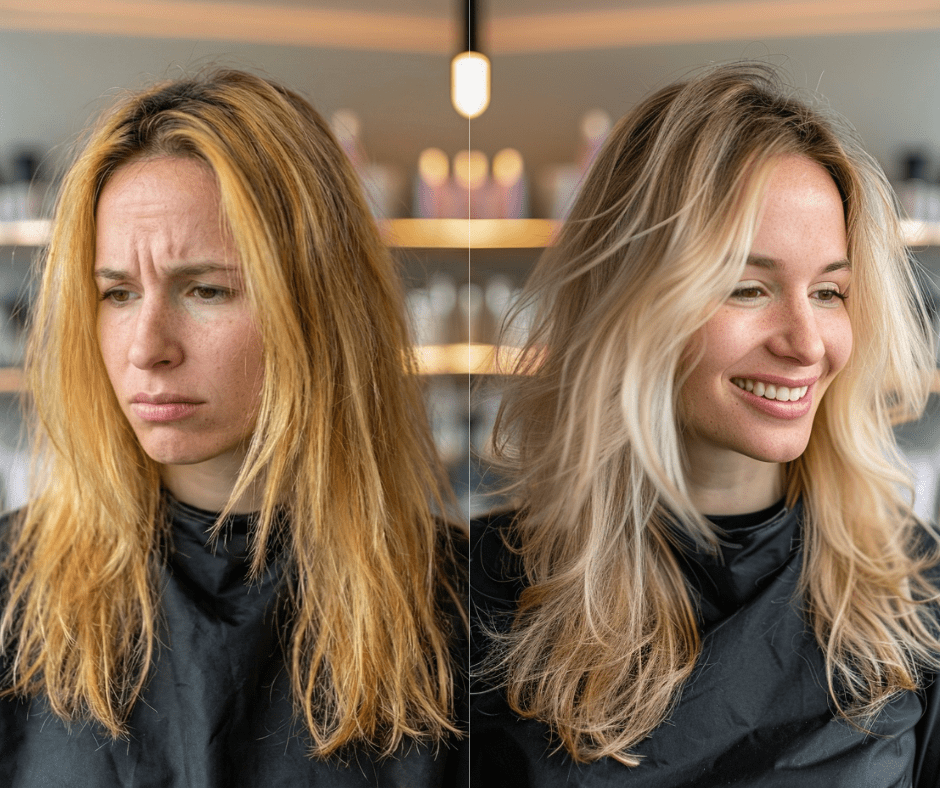 Colour correction result showing a more even tone after fixing patchy or brassy colour.