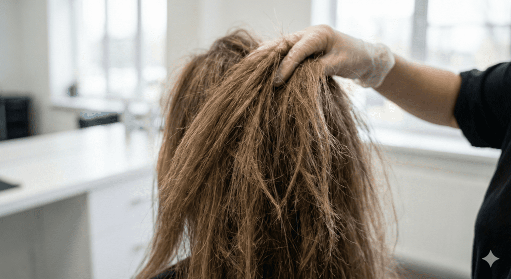 Close-up of damaged porous hair showing dryness, split ends and breakage under salon lighting
