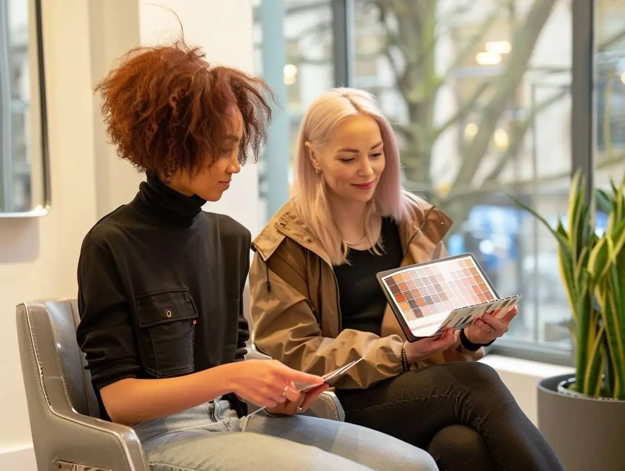Stylist and client in a free colour consultation discussing balayage goals and inspiration.
