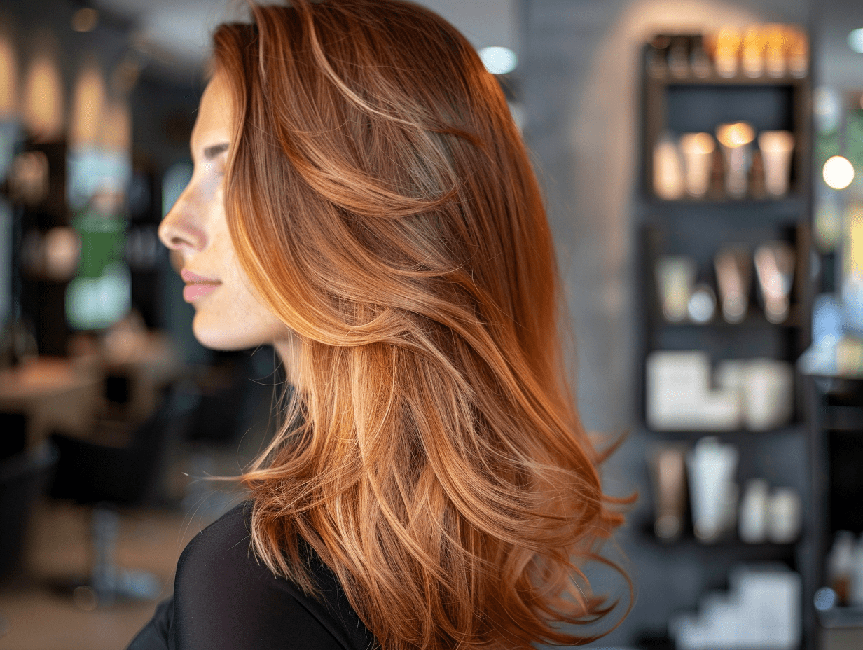 Full colour with blowdry showing an even, rich tone and natural shine in a modern salon.