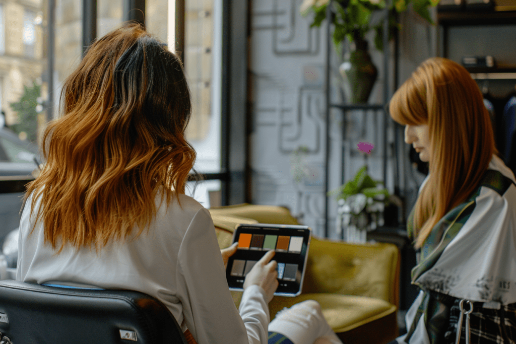 Salon consultation with a stylist reviewing hair colour goals and inspiration with a client.