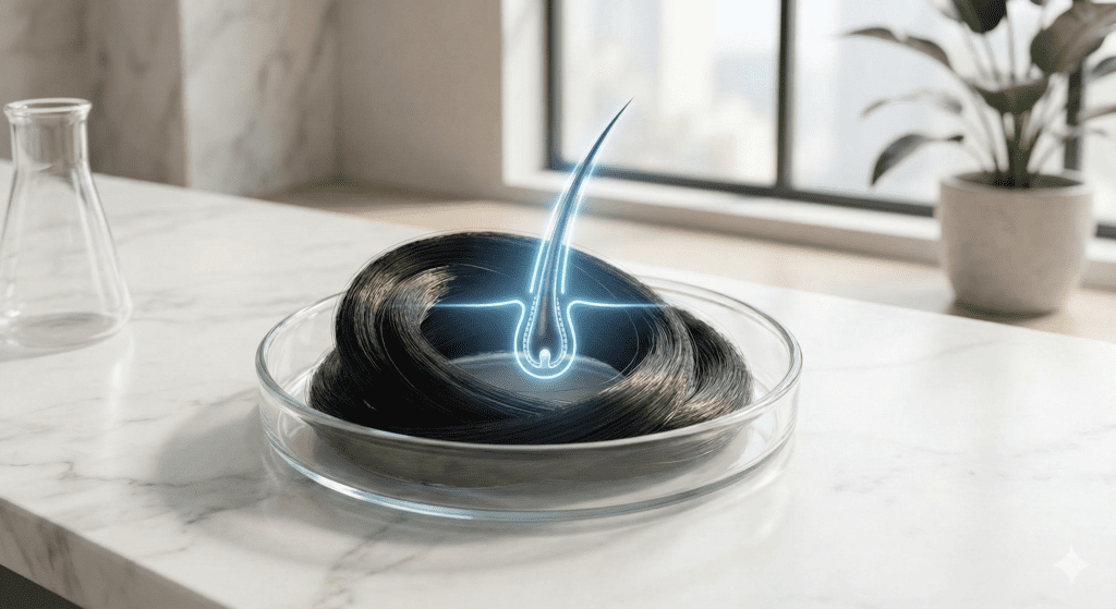 Visual representation showing internal hair bond structure versus keratin chain repair