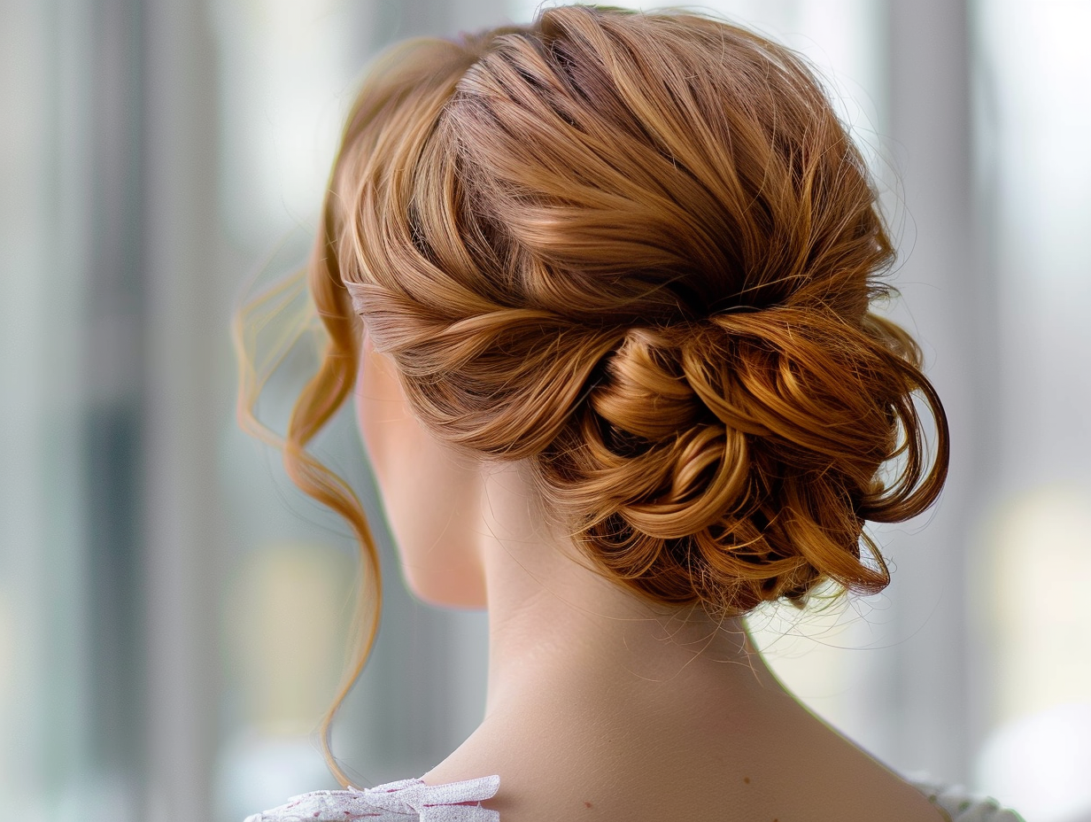 Hair up styling for an event with an elegant updo in a modern salon.