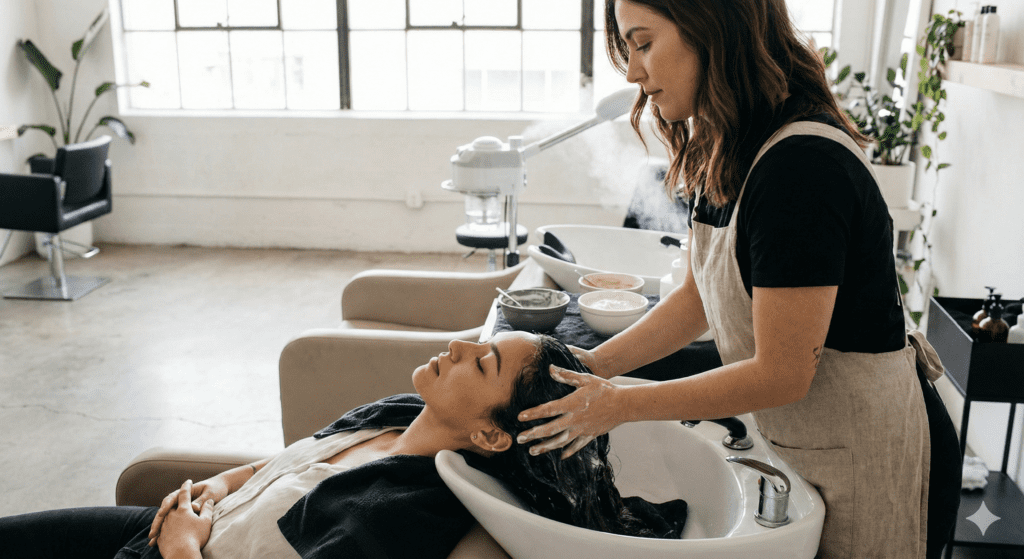Deep conditioning hair treatment for dry hair in a professional salon
