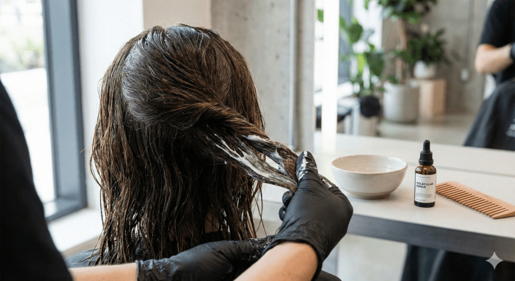 Professional application of K18 molecular repair treatment restoring damaged hair structure