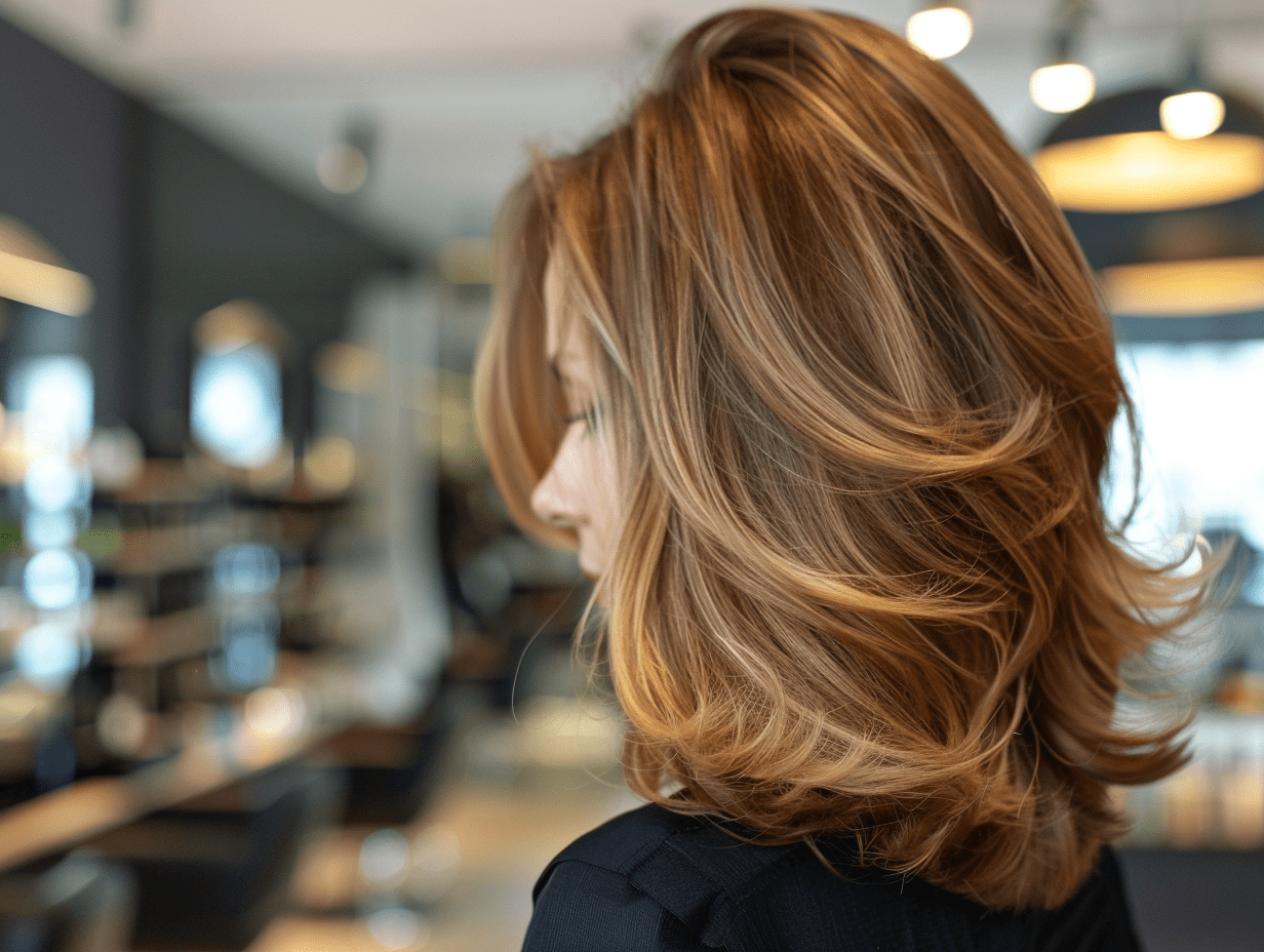 Ladies cut and blowdry with a fresh layered finish in a modern London salon.