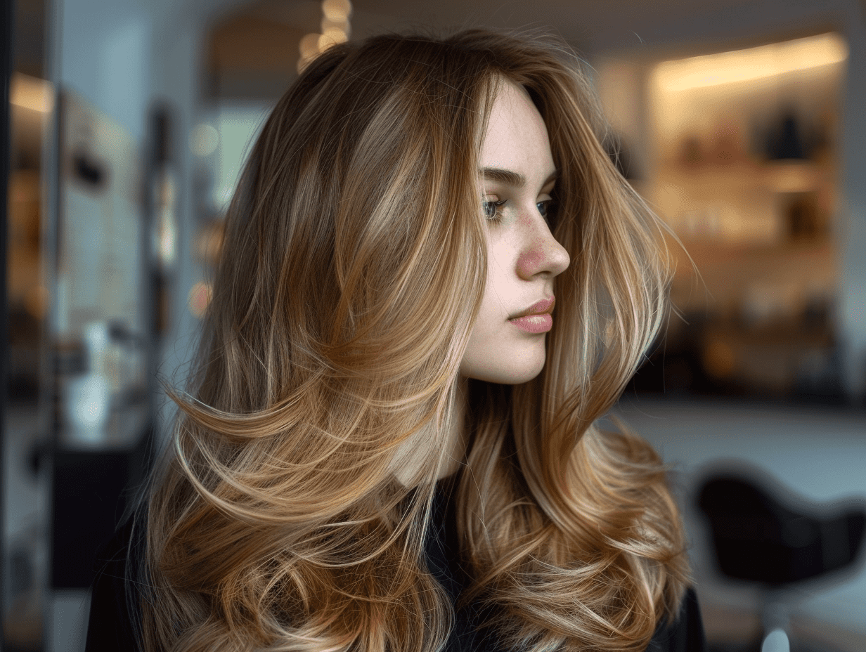 womans haircuts and blowdry for thick or long hair with soft layers and a bouncy finish.