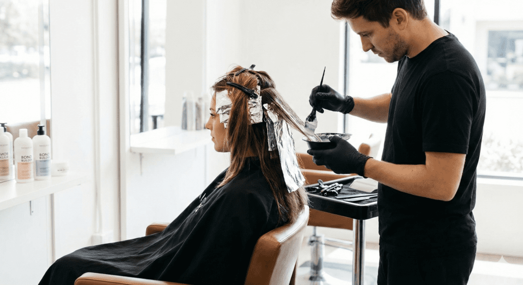 Stylist applying Olaplex bond-building treatment during a professional hair colour service