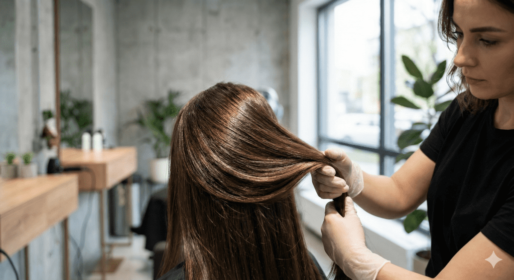 Healthy strong hair after Olaplex bond repair treatment in a professional salon