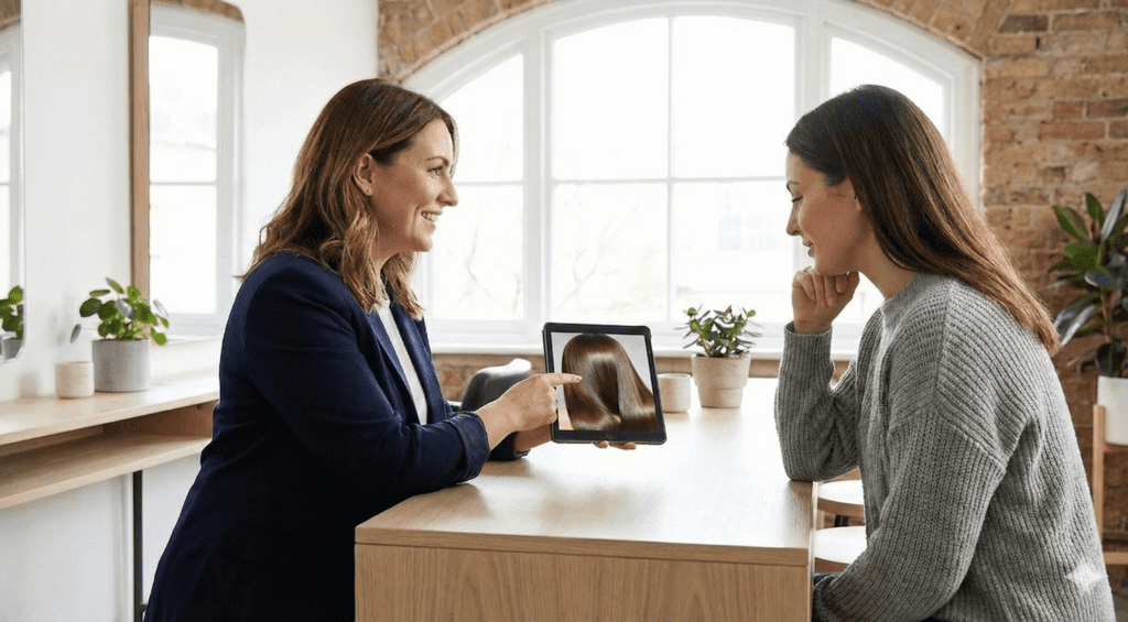 Stylist explaining personalised hair repair plan during salon consultation