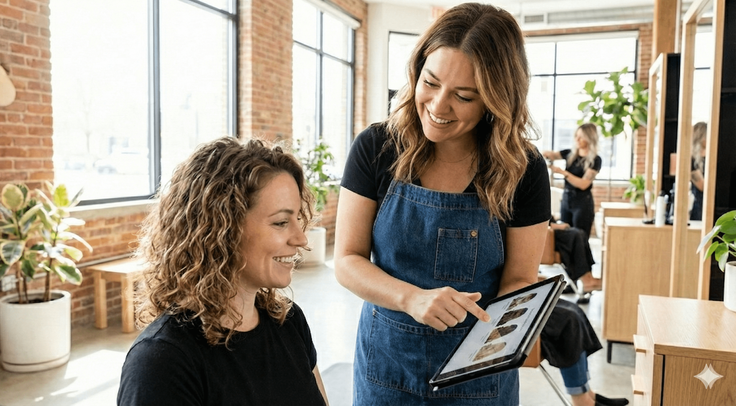 Stylist performing hair analysis consultation before selecting repair treatments
