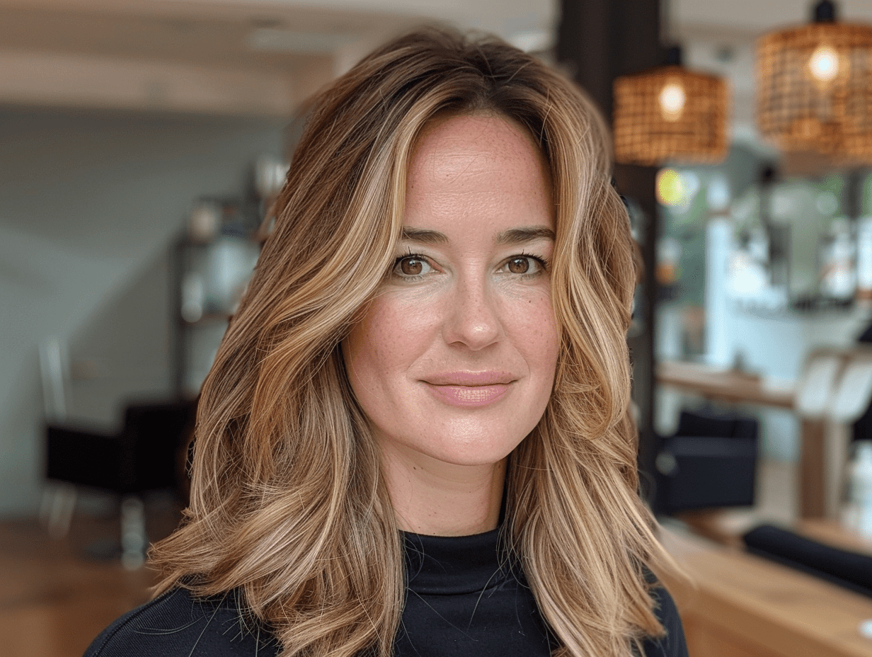 Root tint with T-section highlights and cut and blowdry, subtle face-framing brightness.