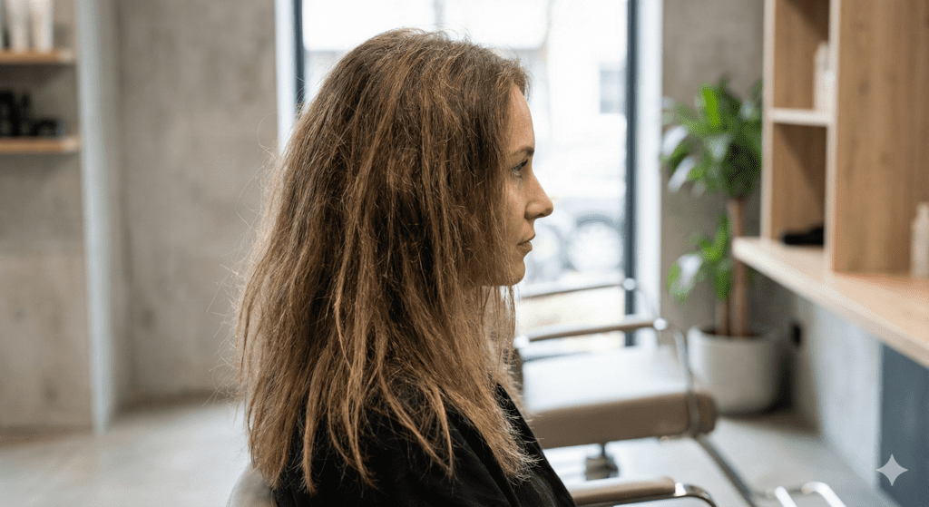 Porous damaged hair showing elasticity and structural weakness before repair treatment