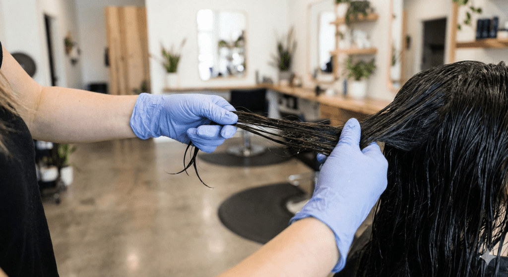 Wet stretch test used by hair stylist to assess hair damage in a salon